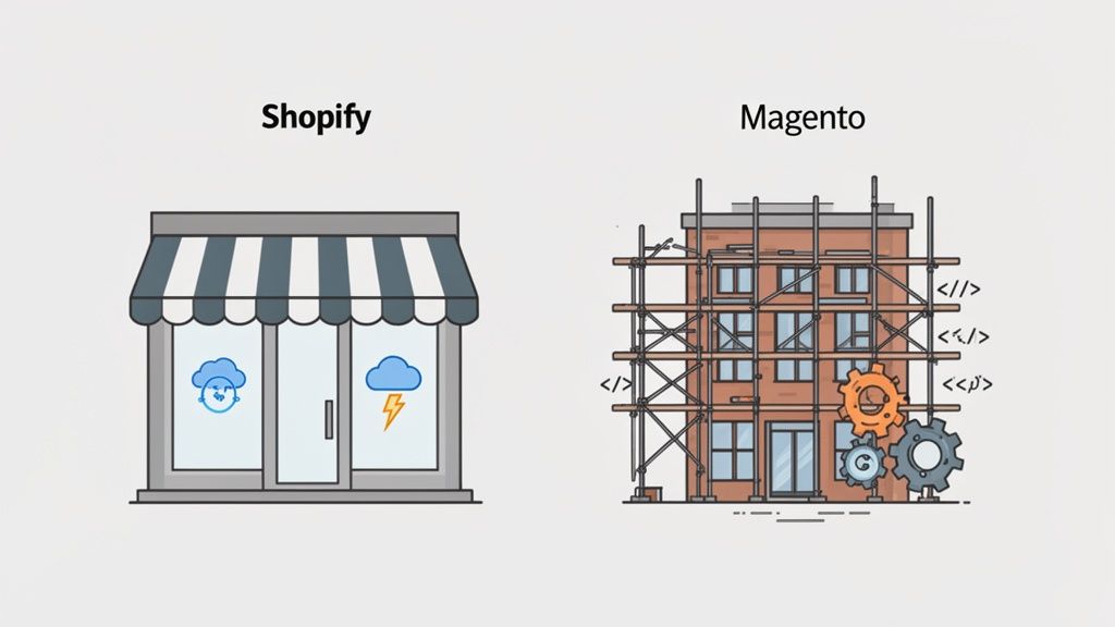 Illustration comparing Shopify as a simple storefront with ready features, and Magento as a complex, customizable platform under development.