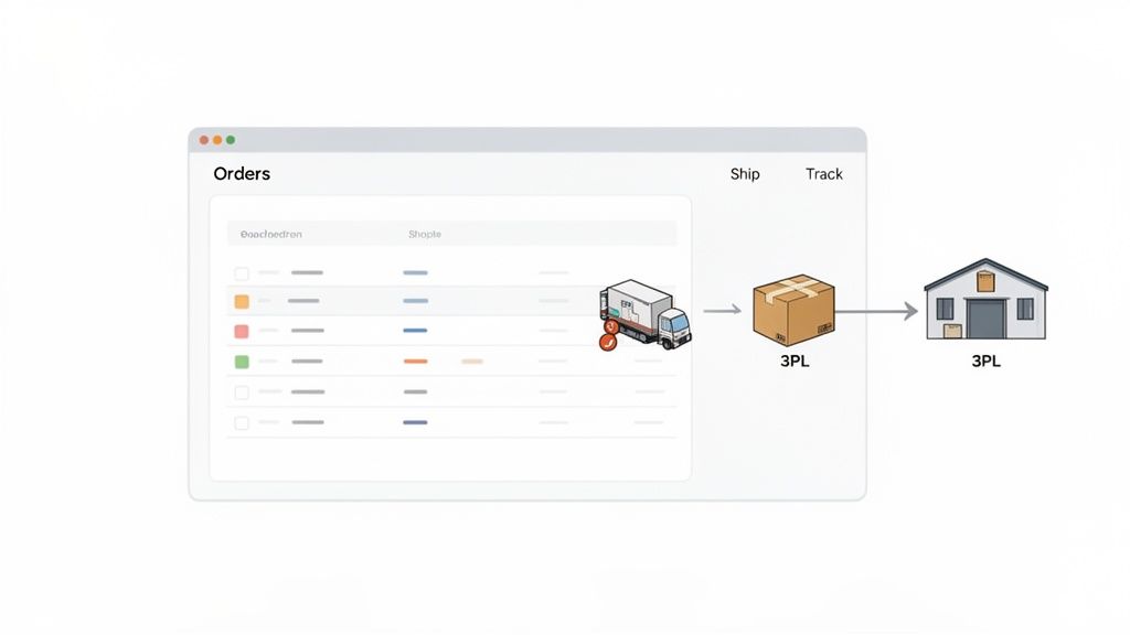 Software managing orders, showing a delivery truck shipping a package to a 3PL warehouse.