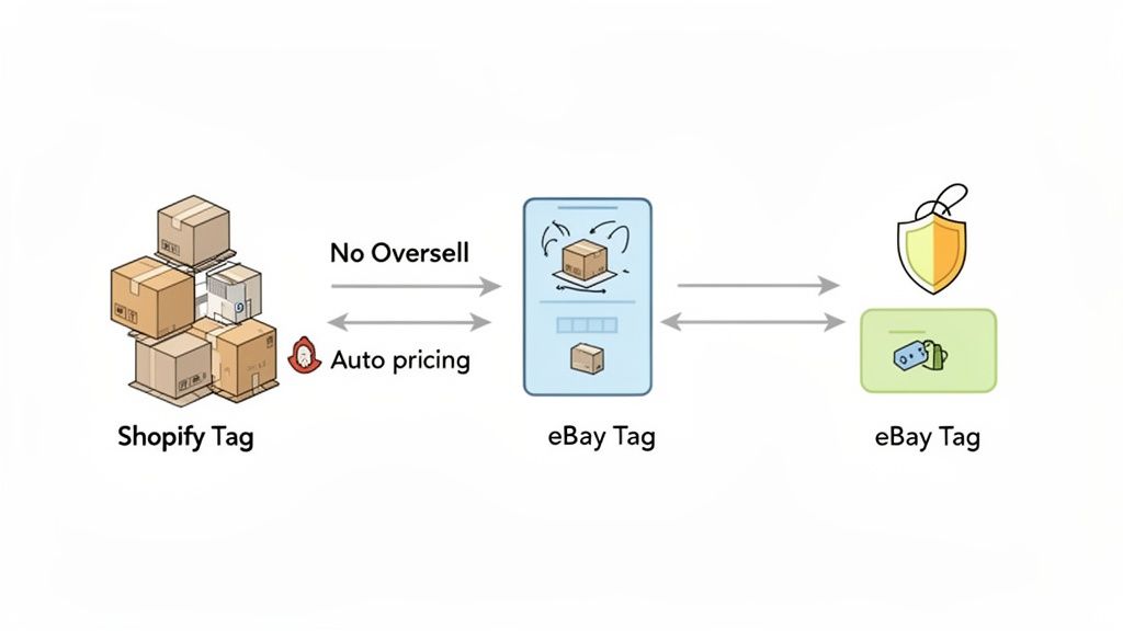 Diagram showing Shopify inventory and auto-pricing synchronization with eBay to prevent overselling.