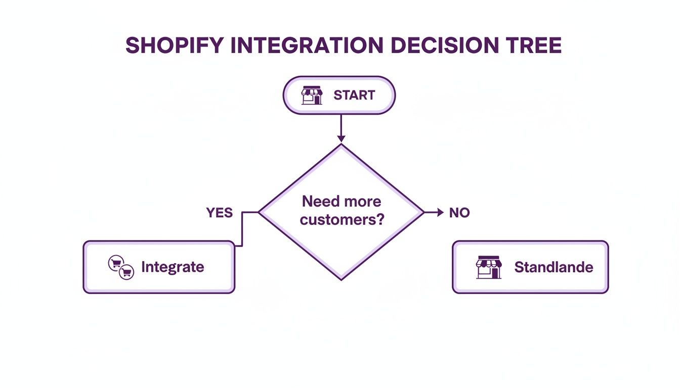A Shopify integration decision tree flow chart, asking 'Need more customers?' leading to 'Integrate' or 'Standalone'.