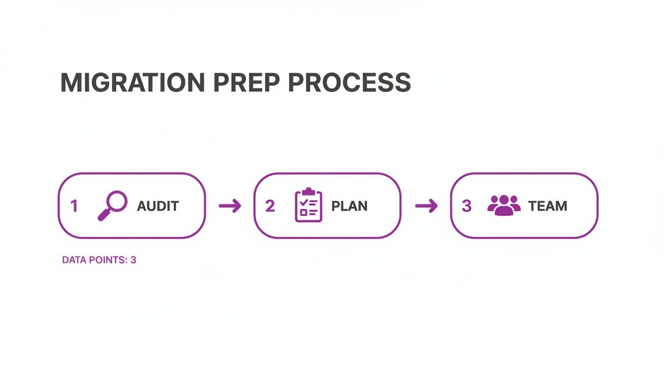 A three-step migration preparation process flow showing Audit, Plan, and Team phases.
