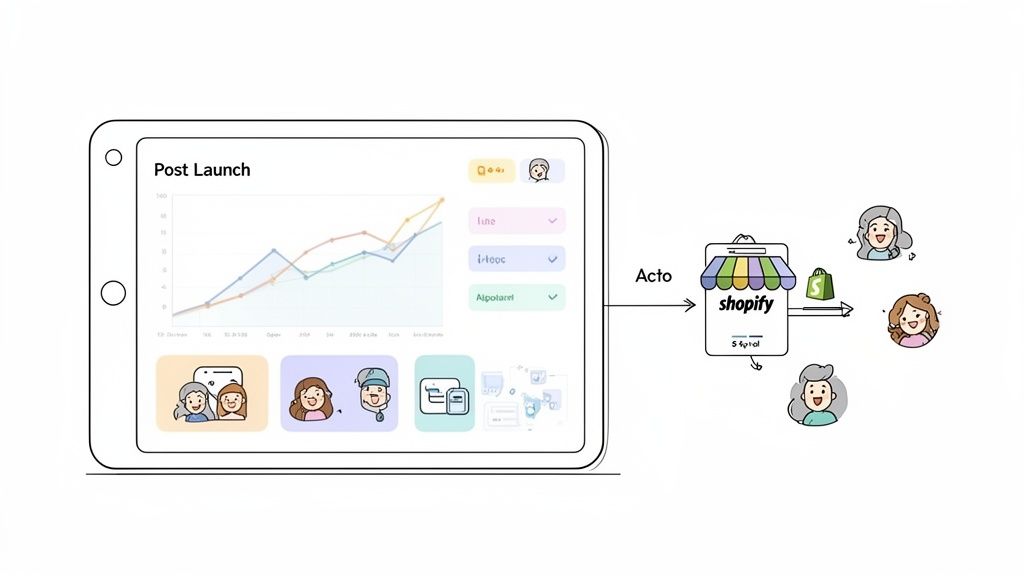 Tablet displaying launch analytics, Acto connecting to Shopify store, serving three illustrated users.