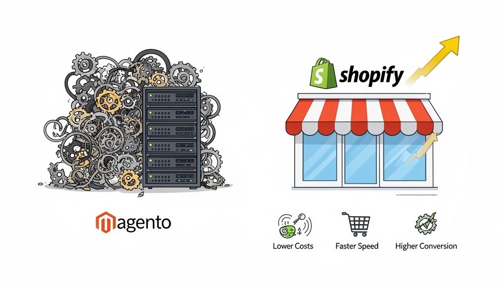 Illustration showing a complex Magento server setup versus a simple Shopify store, highlighting migration benefits.