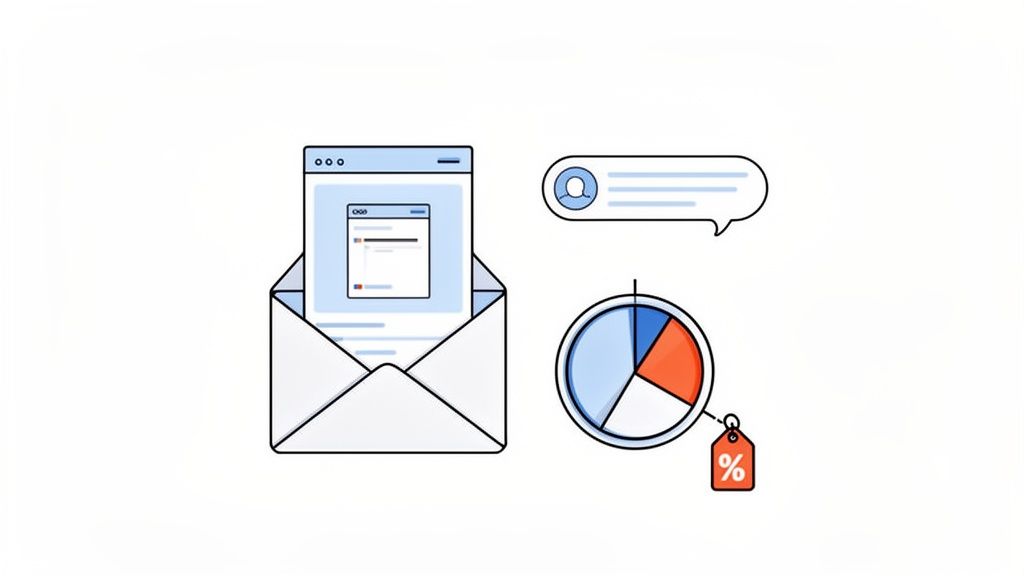 Illustrations of an email, a chat message, a pie chart, and a discount tag for marketing analytics.