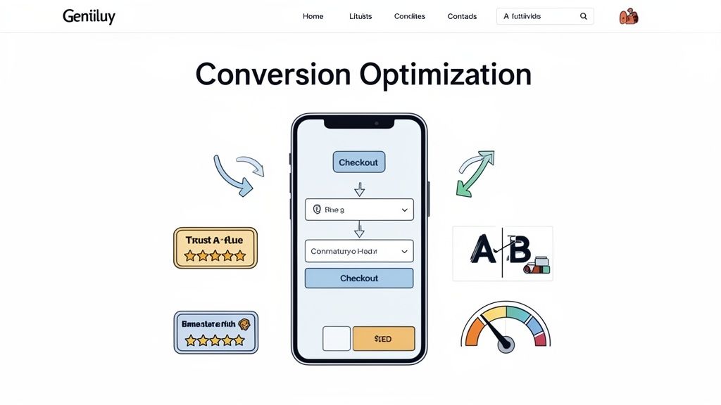 Mobile conversion optimization diagram showing a phone checkout, A/B testing, trust badges, and performance.