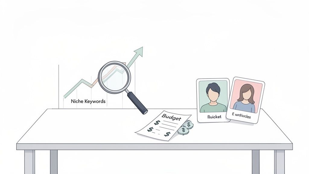 An illustration showing SEO planning with niche keywords, budget, and audience personas on a table.