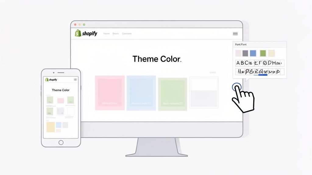 Shopify website customization displayed on a desktop and mobile phone, showing theme colors and font selection.