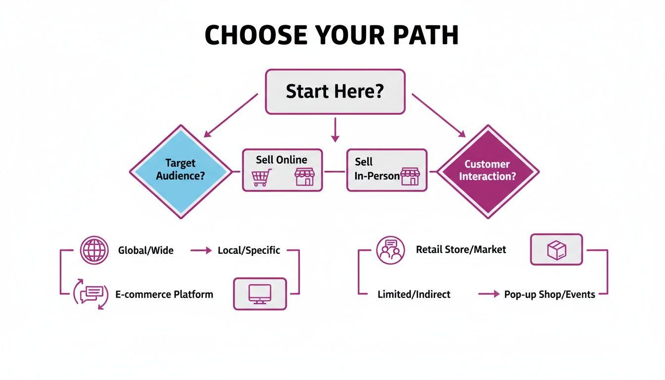 Flowchart outlining business paths for selling online or in-person, considering target audience and customer interaction.