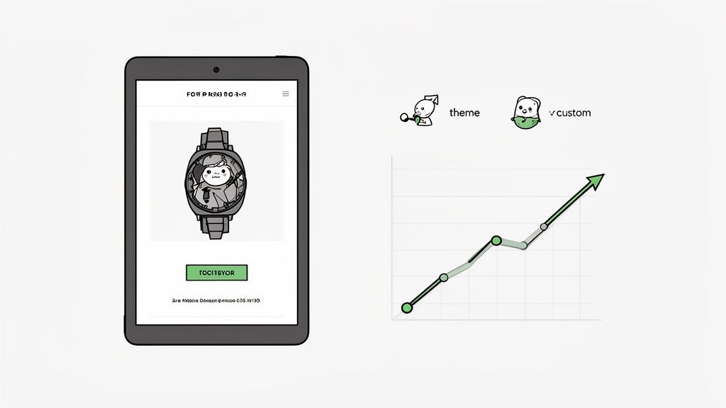 A tablet displays a customized watch face and an upward trending line graph.