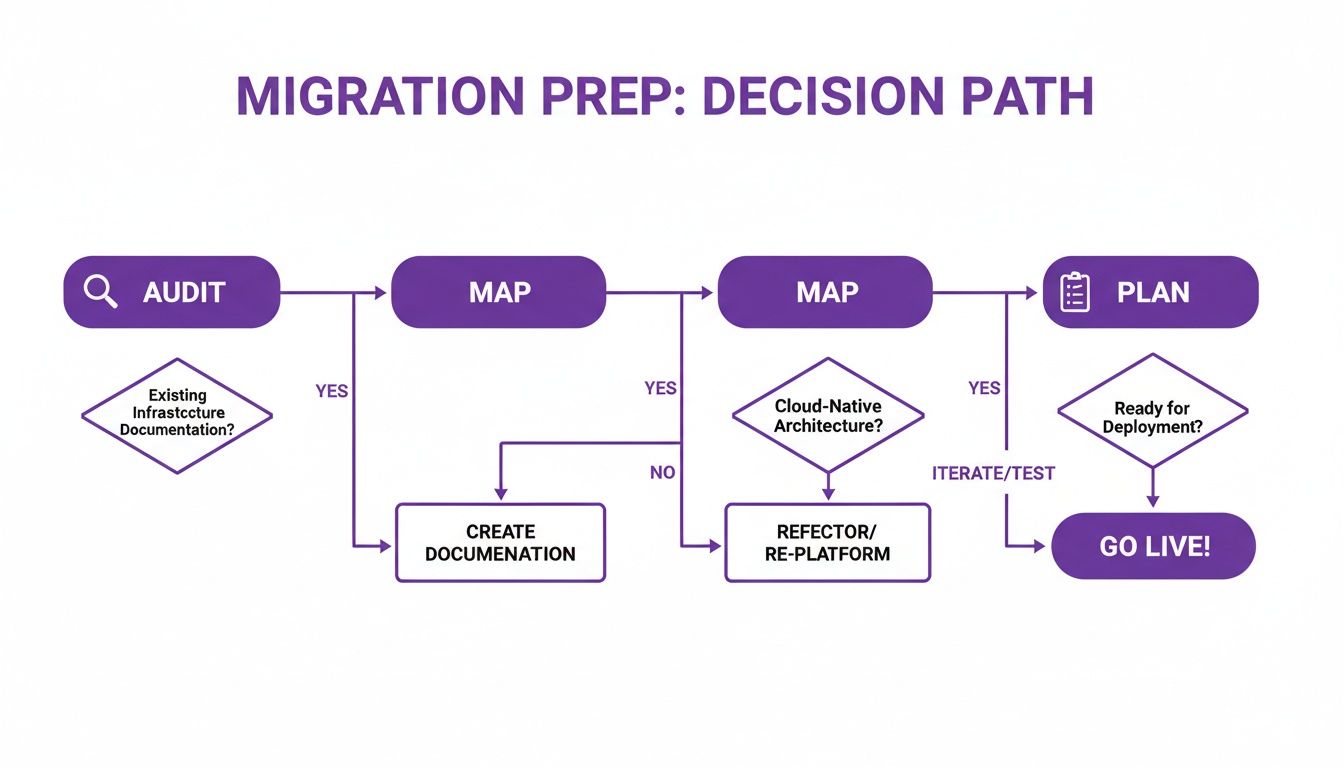 A flowchart showing the migration preparation decision path, including audit, mapping, documentation, refactoring, planning, and go live steps.