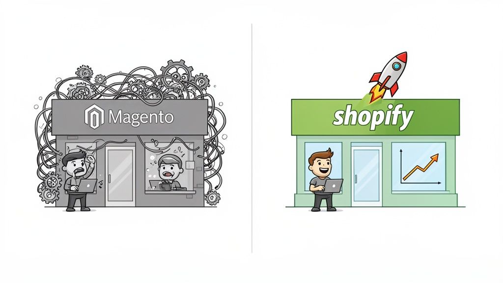 Illustration comparing Magento's complexity and frustration with Shopify's simplicity and business growth.
