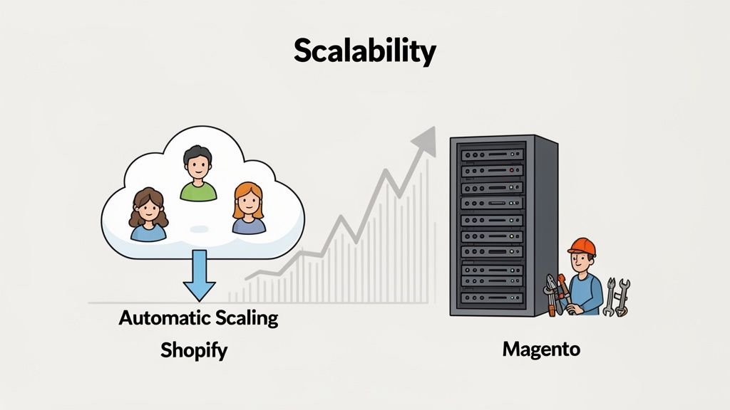 Scalability comparison: Shopify offers automatic cloud scaling for users, contrasted with Magento's manual server management.
