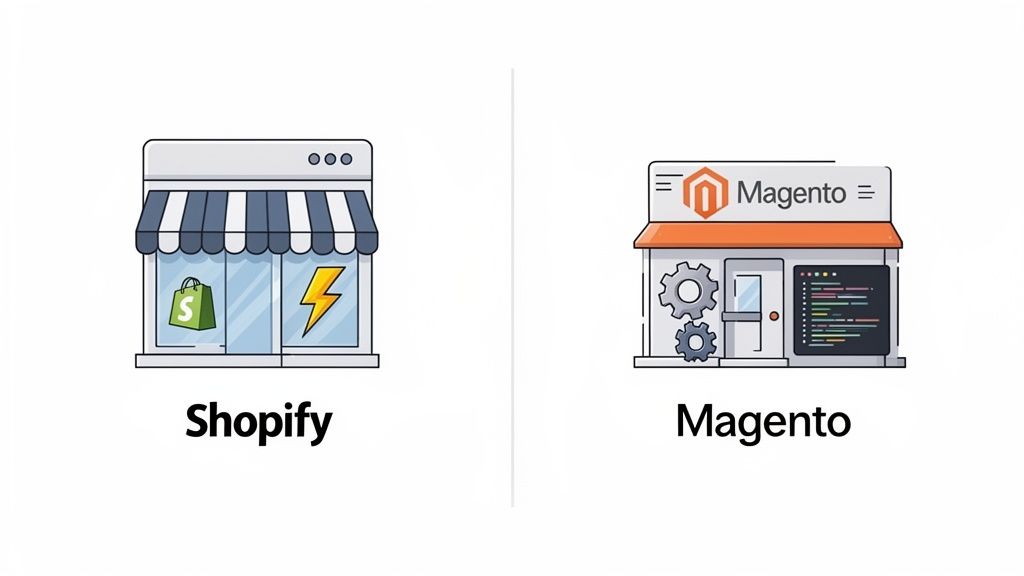 Illustrations comparing Shopify's user-friendly storefront with Magento's customizable e-commerce development platform.