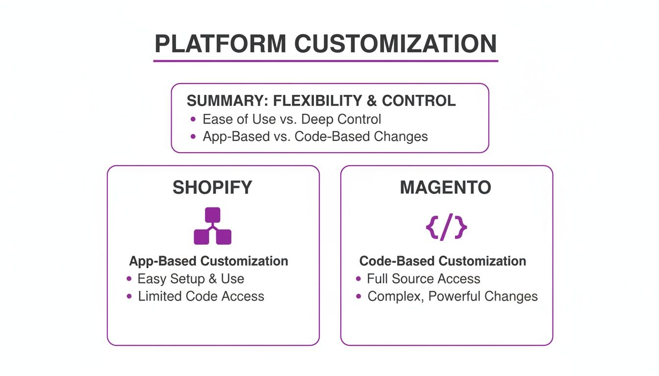 A diagram comparing Shopify's app-based customization to Magento's code-based for e-commerce platforms.