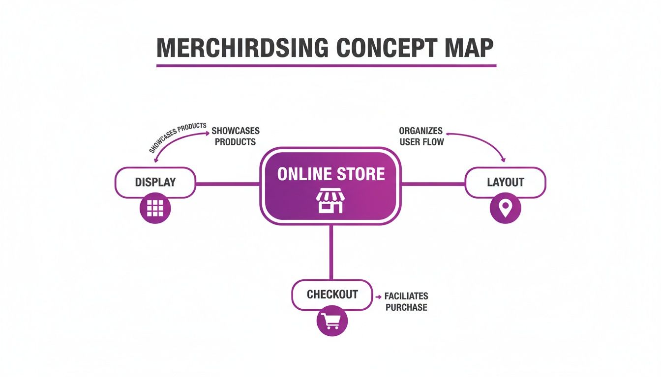 A concept map illustrating online merchandising, showing how online stores use display, layout, and checkout.