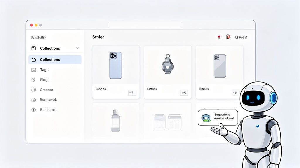 A digital interface showing product collections with items like a smartphone and smartwatch, next to an AI robot offering suggestions.