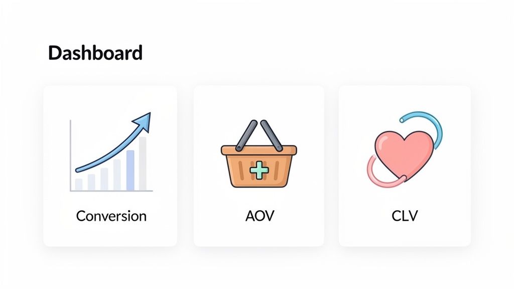 Dashboard displaying three key e-commerce metrics: Conversion, Average Order Value (AOV), and Customer Lifetime Value (CLV).