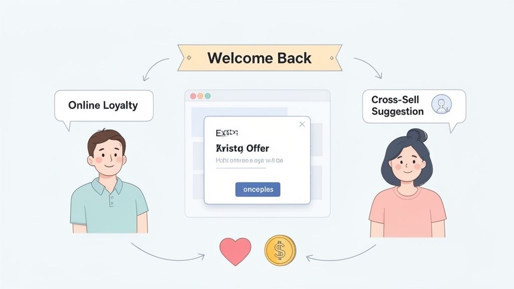 A diagram illustrating customer re-engagement strategies with online loyalty, cross-sell suggestions, and an offer popup.