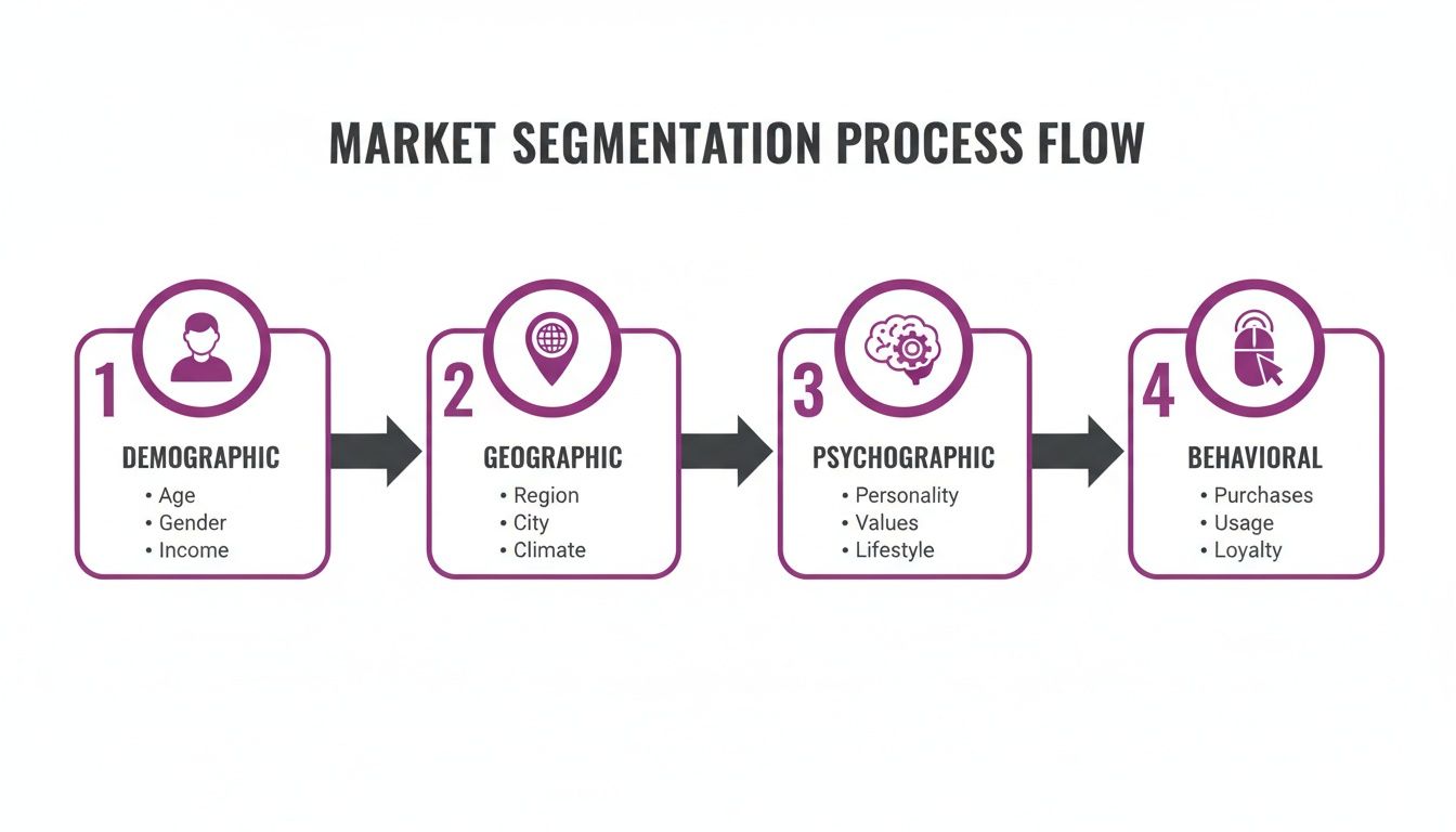 A diagram illustrating the four steps of market segmentation process flow: demographic, geographic, psychographic, and behavioral.