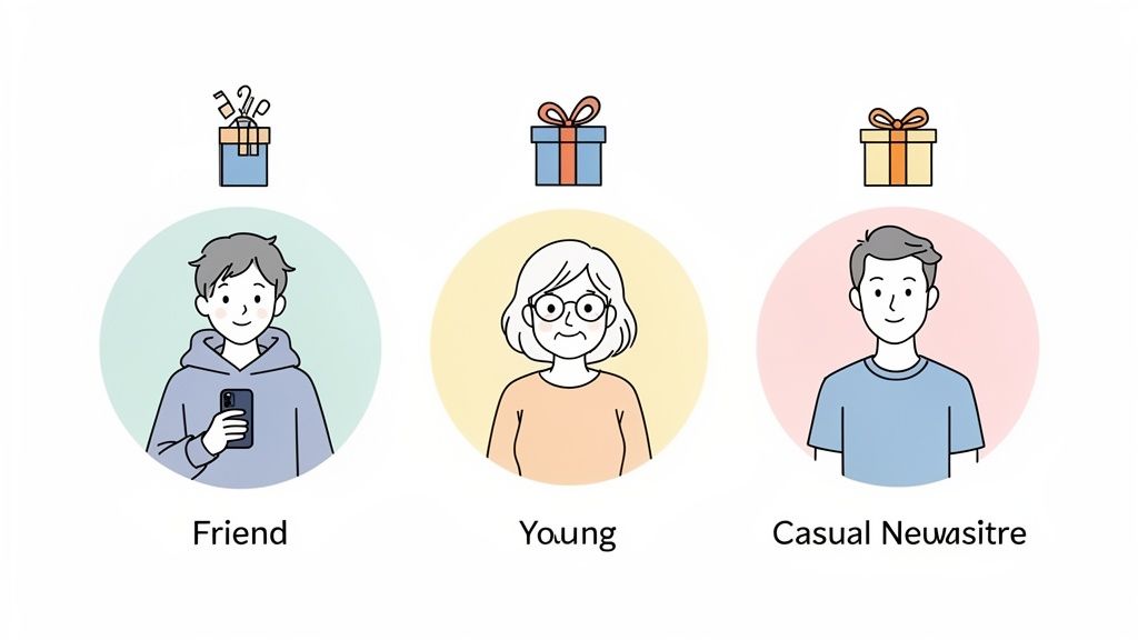 Three cartoon figures: a young man, an older woman, and another young man, each with a gift box.