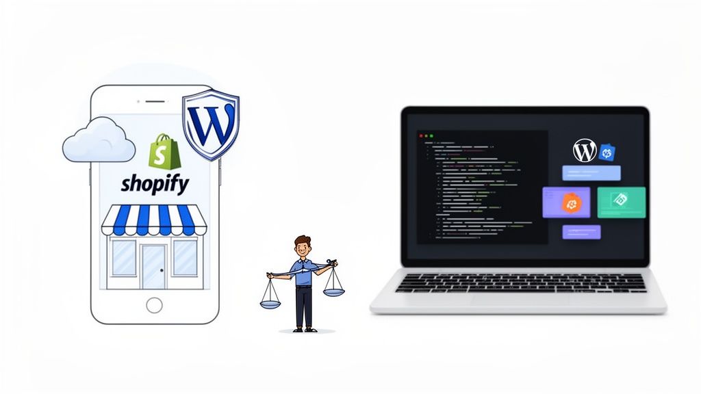 Illustration comparing Shopify (phone) and WordPress (laptop) for website and e-commerce platform decisions.