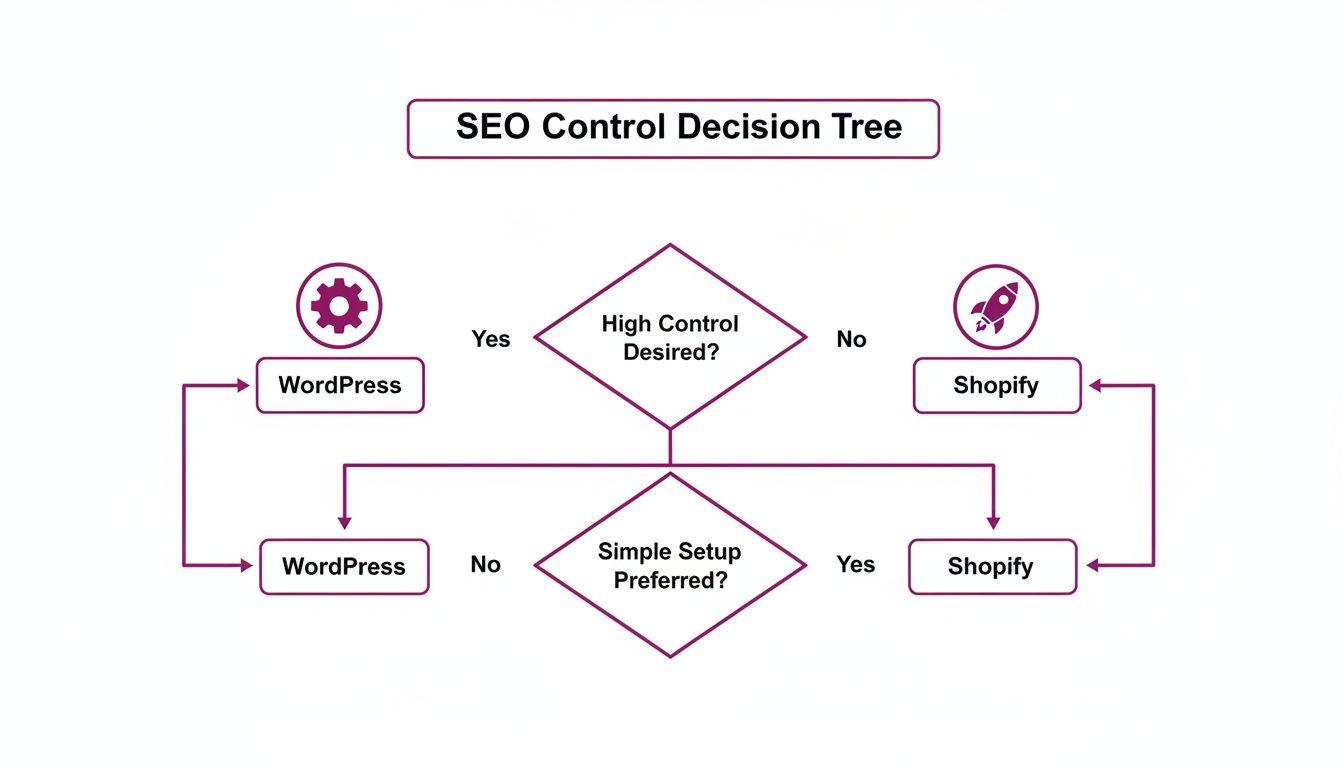 SEO Control Decision Tree comparing WordPress and Shopify based on desired control and setup preference.