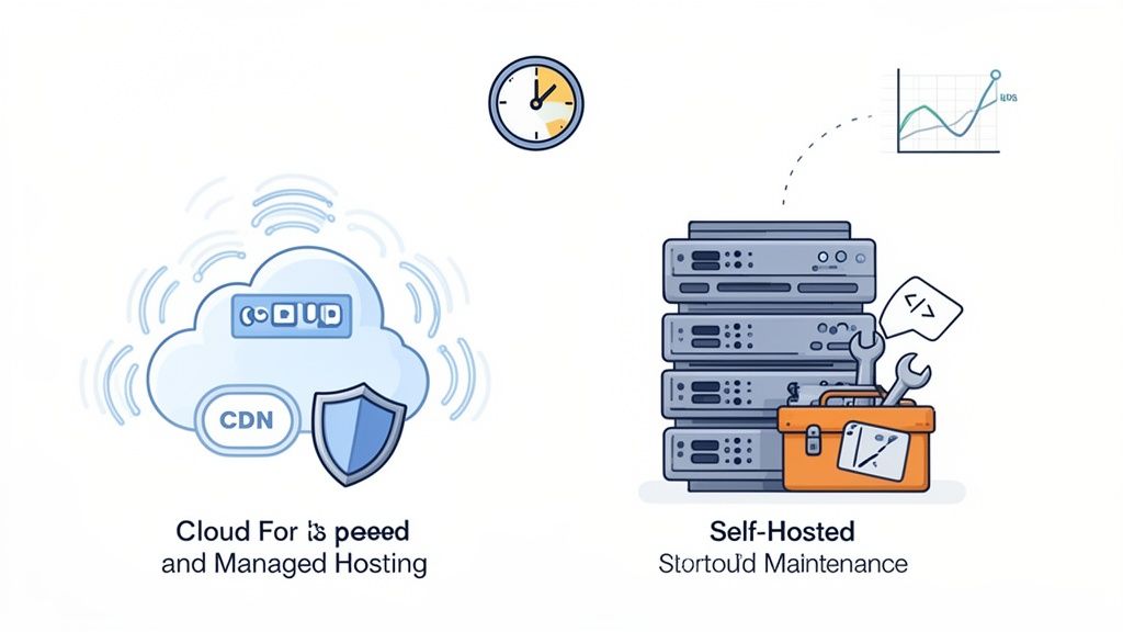 Comparison of cloud managed hosting with CDN for speed vs. self-hosted server maintenance with tools.
