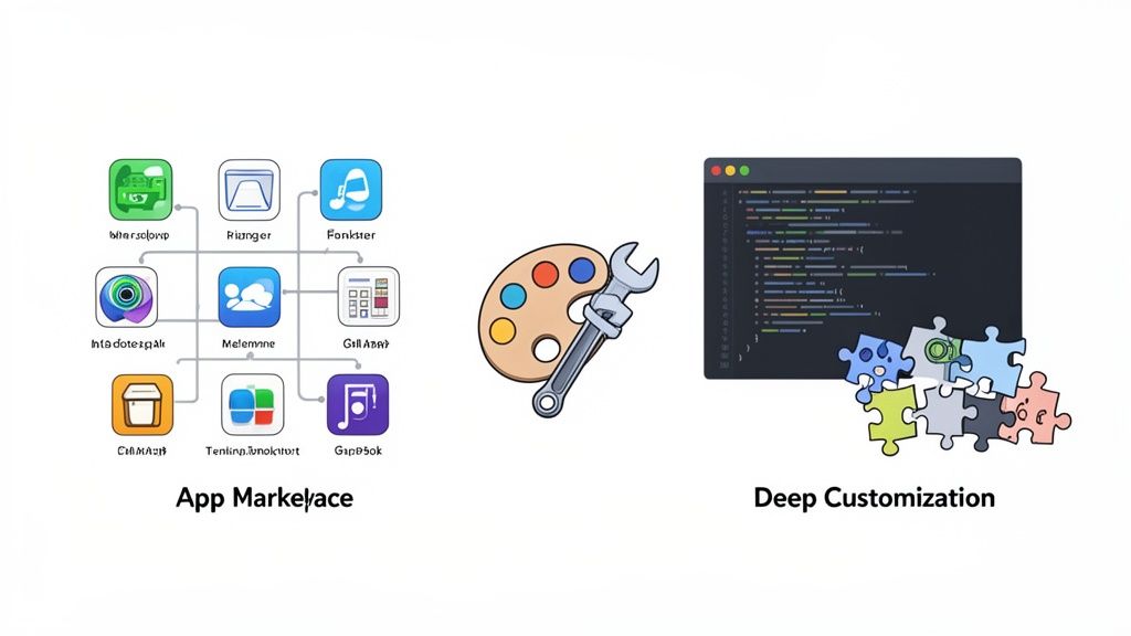 An app marketplace with connected icons, alongside a palette, wrench, and code editor for deep customization.