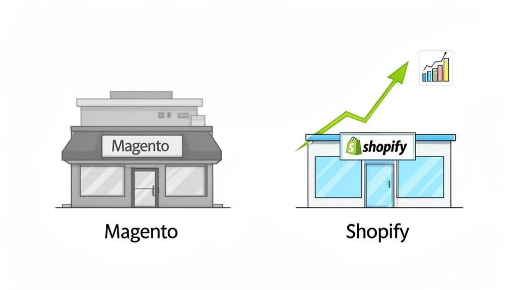 Illustration comparing Magento and Shopify ecommerce platforms, with Shopify showing growth.