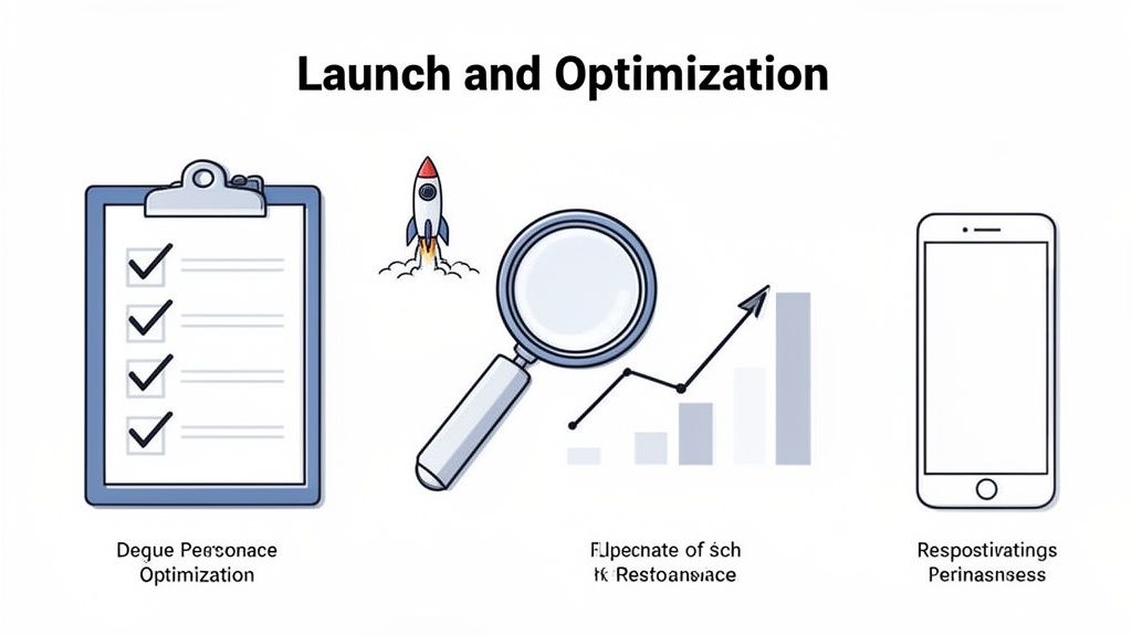 Illustration showing a checklist, rocket launch, magnifying glass, growth chart, and smartphone for launch and optimization.