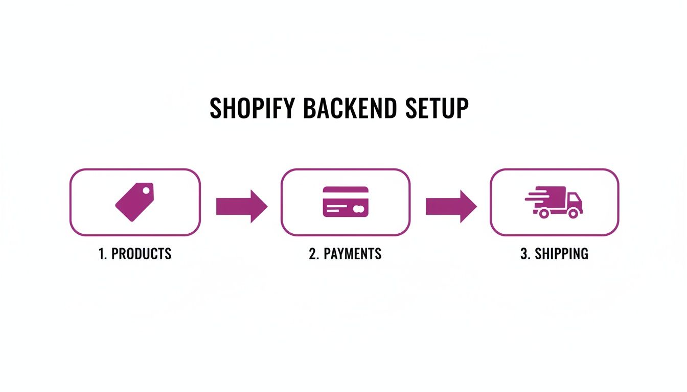 A Shopify backend setup guide showing three steps: products, payments, and shipping icons.