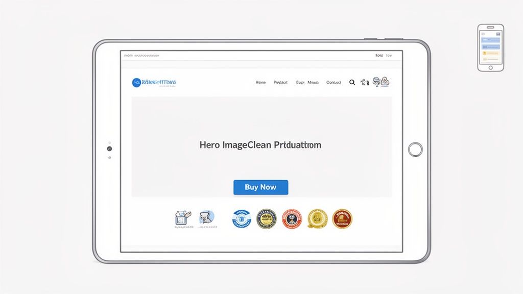 A tablet displays a clean website with a hero section, navigation, a 'Buy Now' button, and product badges. A smaller smartphone concept is also visible.