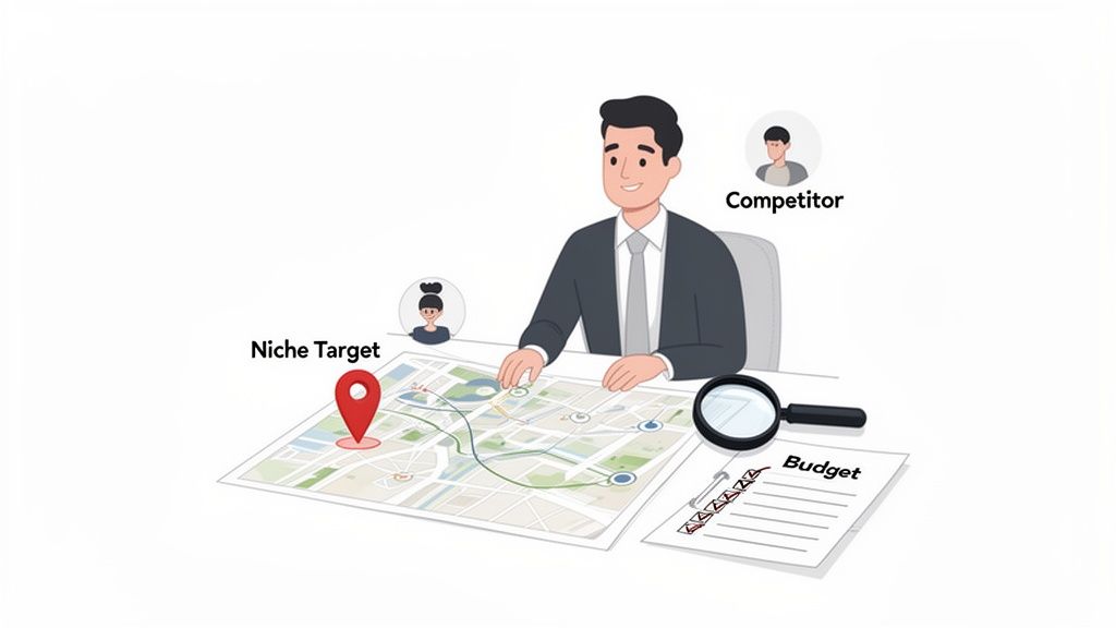 Businessman analyzing a map with 'Niche Target' and 'Competitor' icons, planning strategy with a budget.