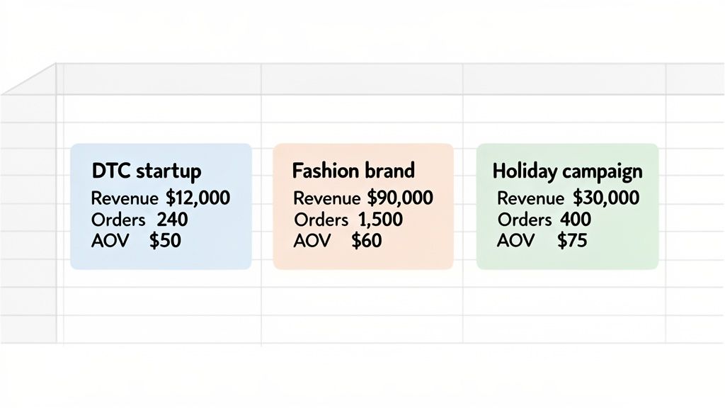 Three colored boxes display business metrics for a DTC startup, fashion brand, and a holiday campaign, including revenue, orders, and AOV.