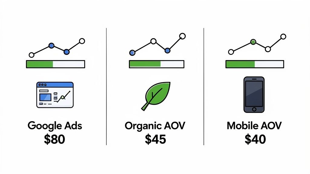 Infographic comparing average order values: Google Ads ($80), Organic ($45), and Mobile ($40).