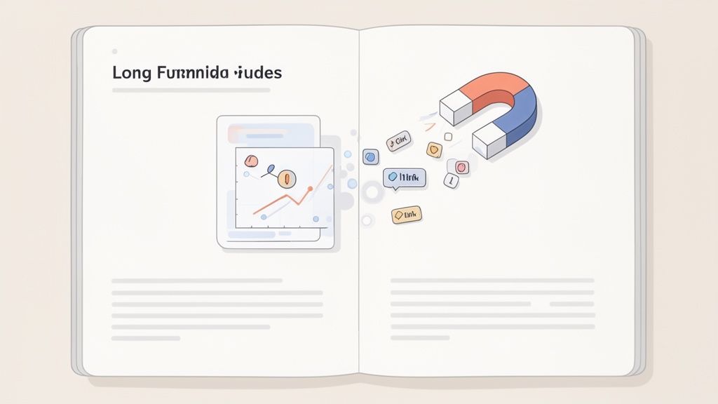An open book illustrates an analytics dashboard with charts and a magnet attracting various links and clicks.