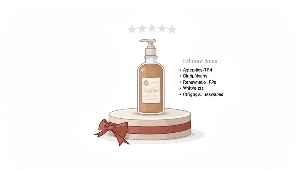 A pump bottle of lotion on a decorative round pedestal with a ribbon, five stars, and text.