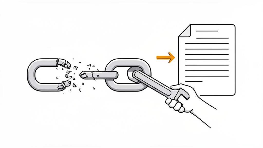 Illustration showing a broken chain and a hand with a wrench building a link to a document.