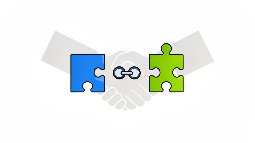 Two colorful puzzle pieces, blue and green, connected by a chain link over a handshake.