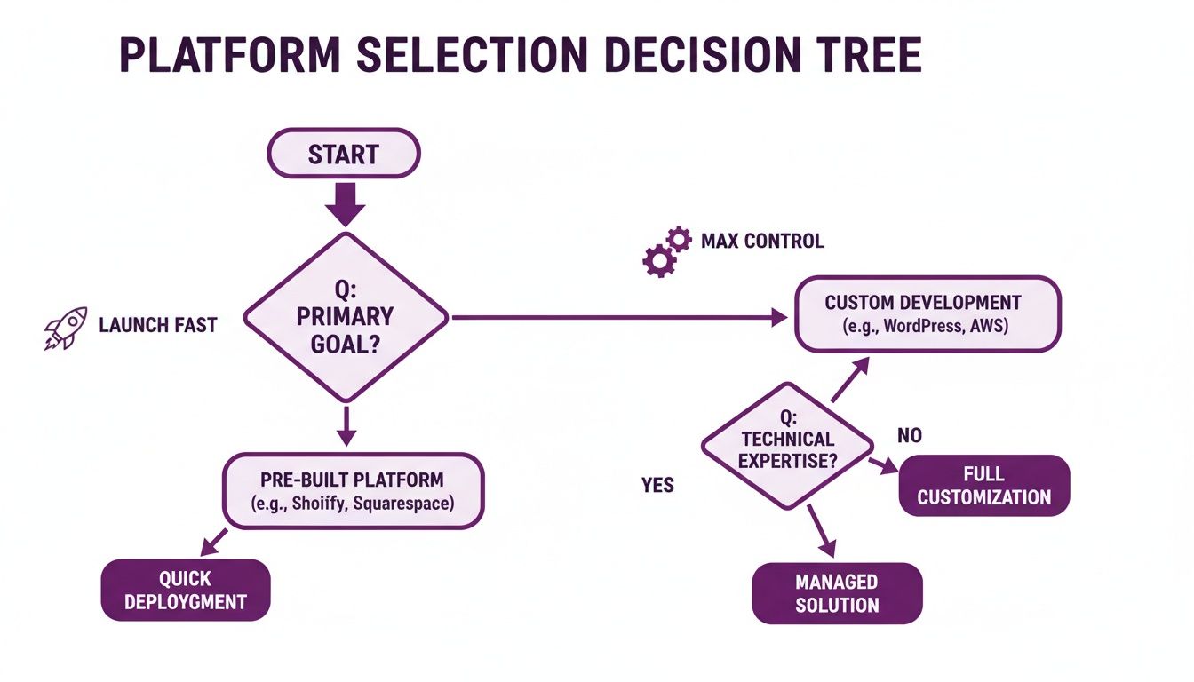 Decision tree for platform selection, guiding users based on primary goal and technical expertise.