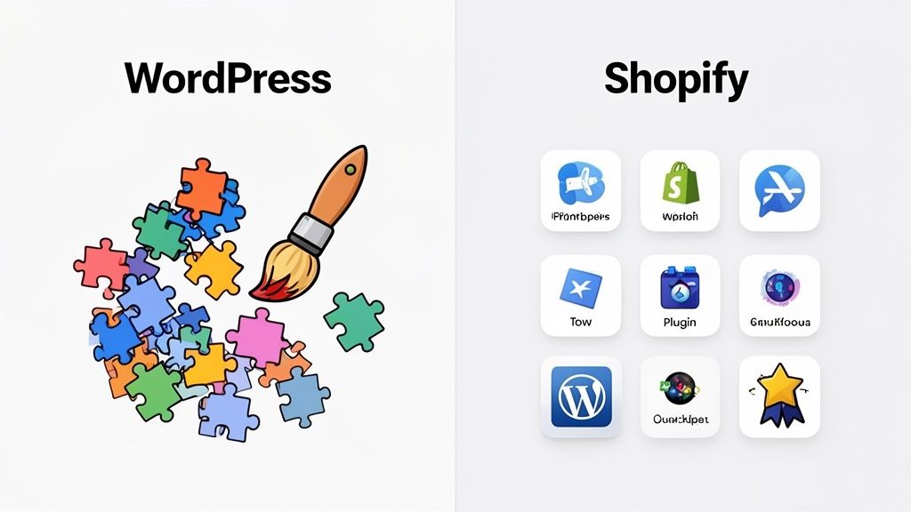 Visual comparison of WordPress, represented by puzzle pieces and a paintbrush, and Shopify, shown with a grid of app icons.