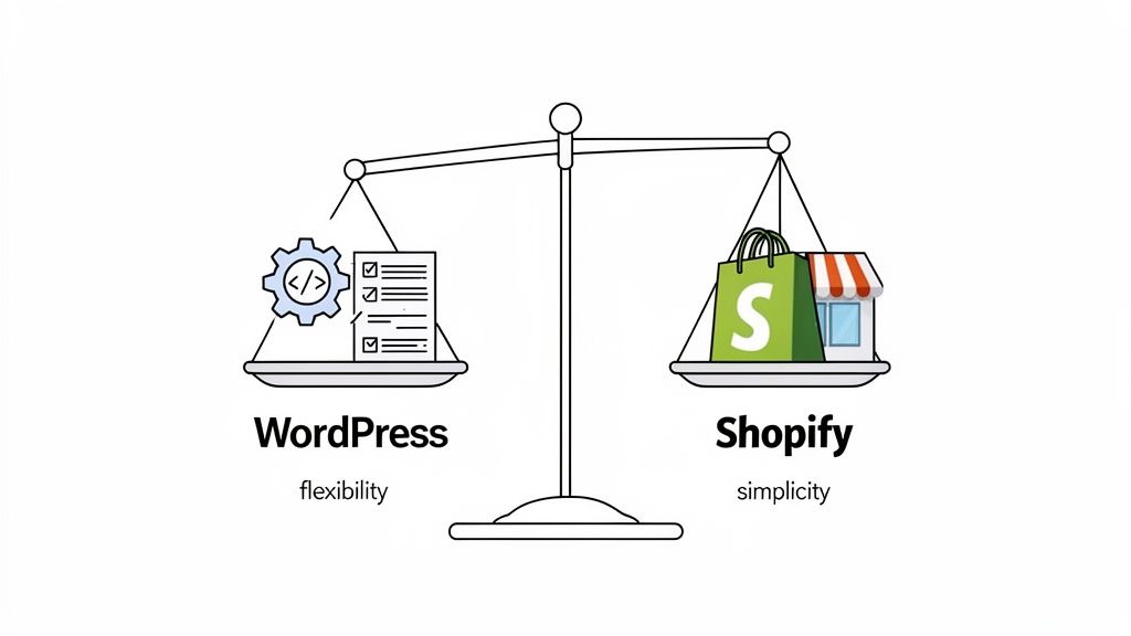 An illustration comparing WordPress and Shopify on a balanced scale, highlighting WordPress's flexibility and Shopify's simplicity.