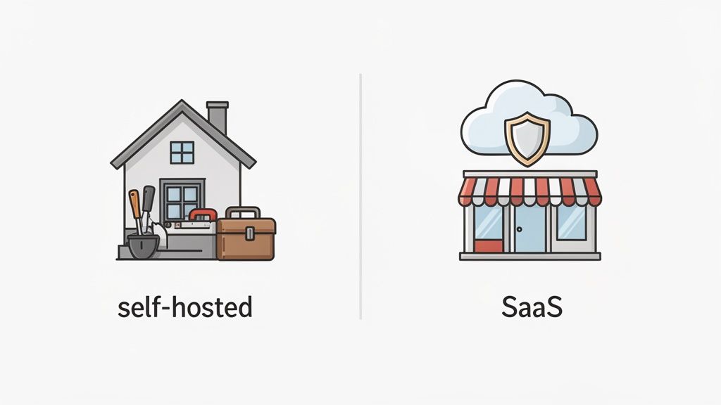 Illustration comparing self-hosted software (house with tools) against SaaS (storefront with cloud and shield).