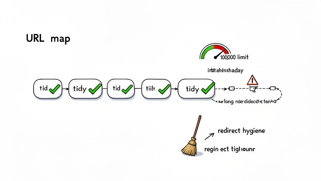 URL map illustrating a long redirect chain with green checkmarks and an error symbol, highlighting redirect hygiene.
