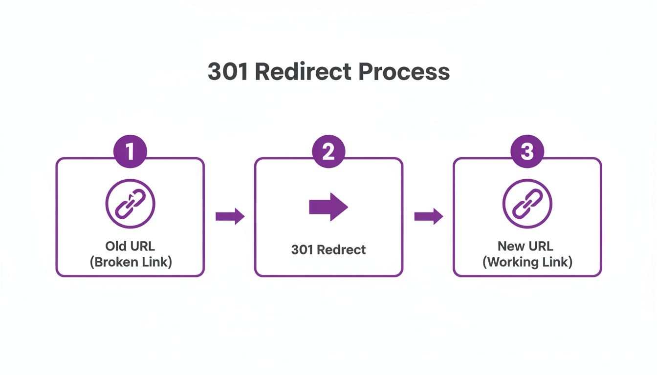 A 301 redirect process diagram illustrating how a broken old URL becomes a working new URL.