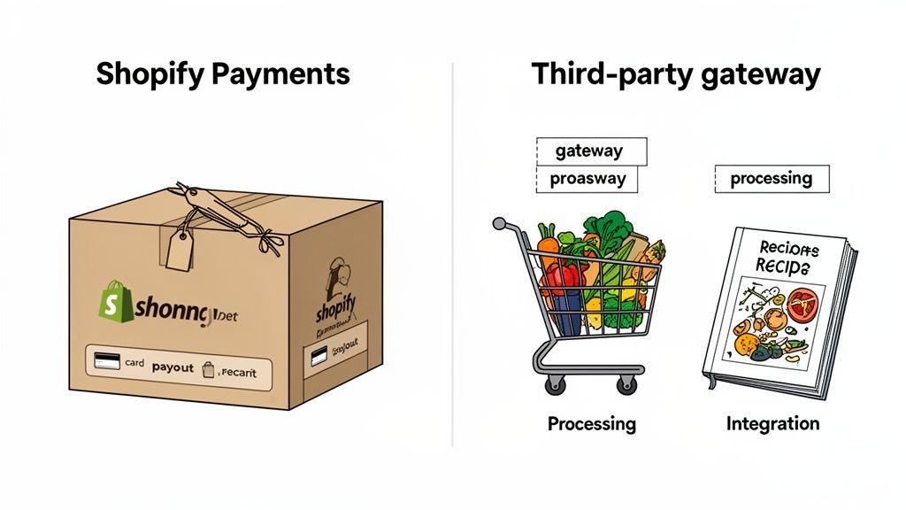 Illustration comparing Shopify Payments as an all-in-one box with third-party gateways requiring separate processing and integration.