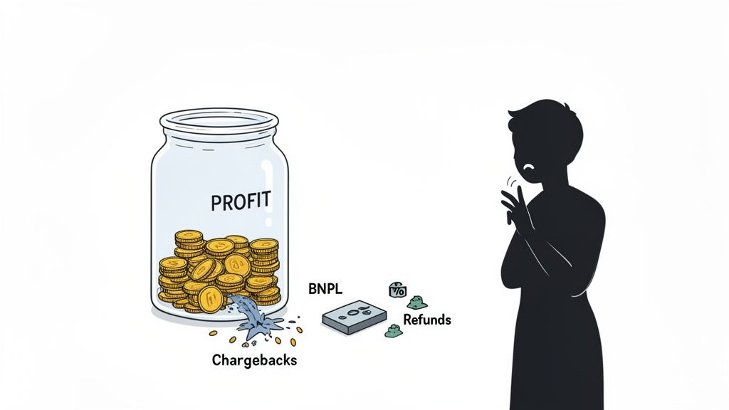 Illustration of a profit jar losing money due to chargebacks, BNPL, and refunds, with a worried person.