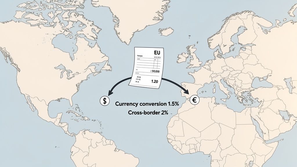 Map illustrating currency conversion and cross-border payment fees between North America and Europe.