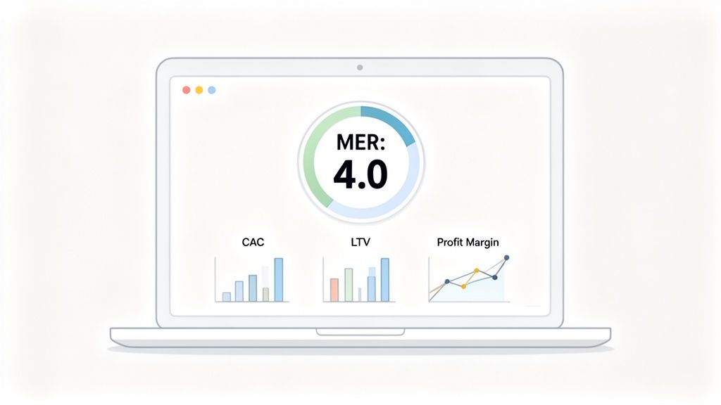 A laptop displays a dashboard with a MER gauge at 4.0, alongside charts for CAC, LTV, and Profit Margin.