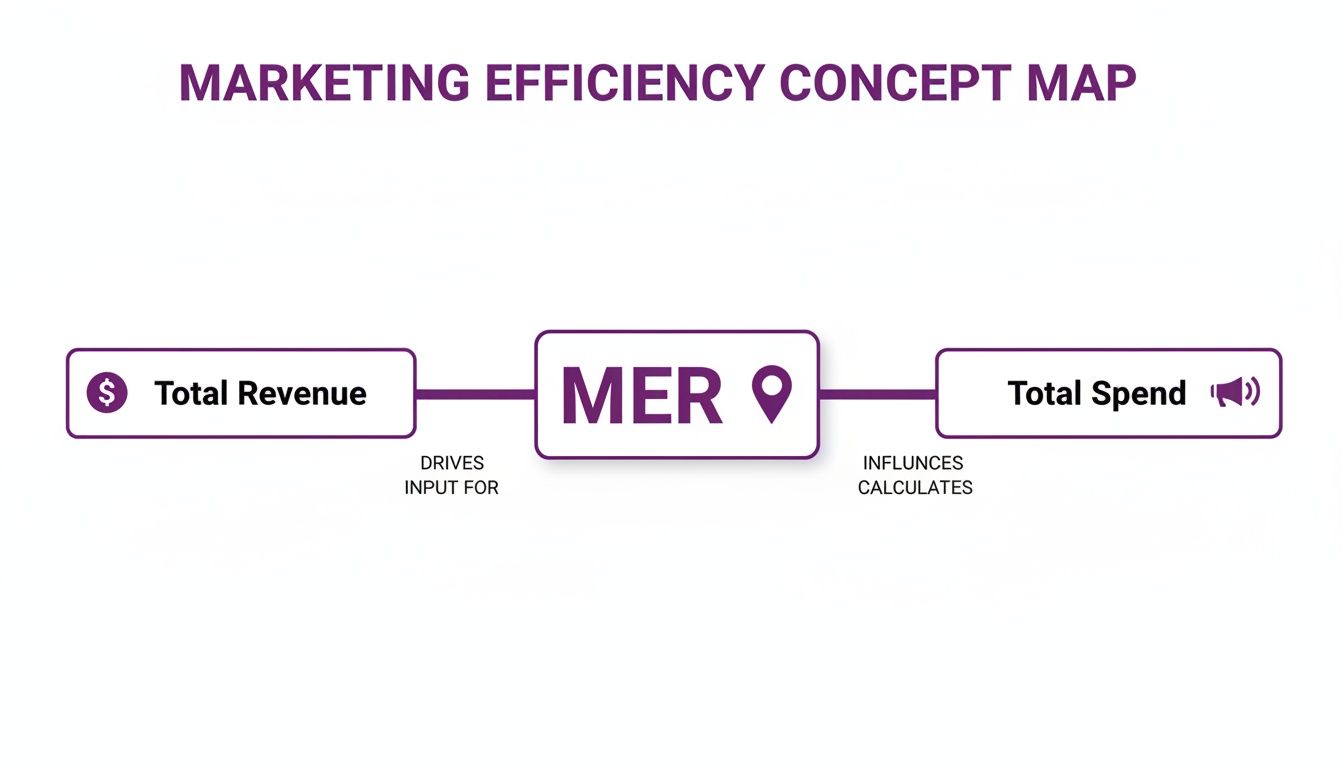 A marketing efficiency concept map illustrating the relationship between Total Revenue, MER, and Total Spend.